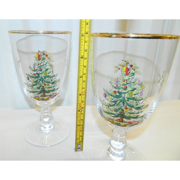 Spode Christmas Tree Goblet Set Of 3 Gold Rim 7" Footed Vintage Holiday Glasses - Picture 5 of 14